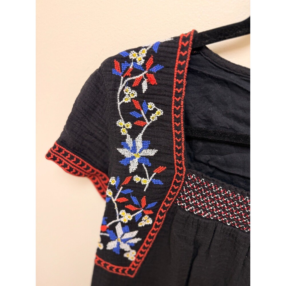 Old Navy Black Embroidered Boho Swing Dress Floral Cross Stitch Mini S ✨ - Picture 5 of 9